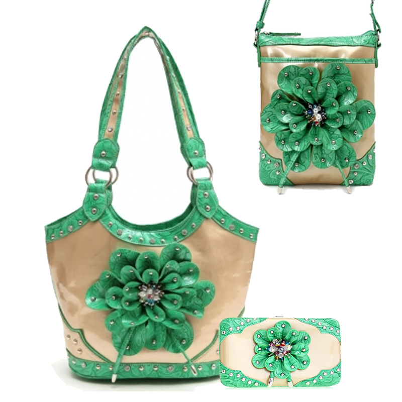 Green Flower Center Handbag Portfolios - TUF 361-4699-4326 - Click Image to Close